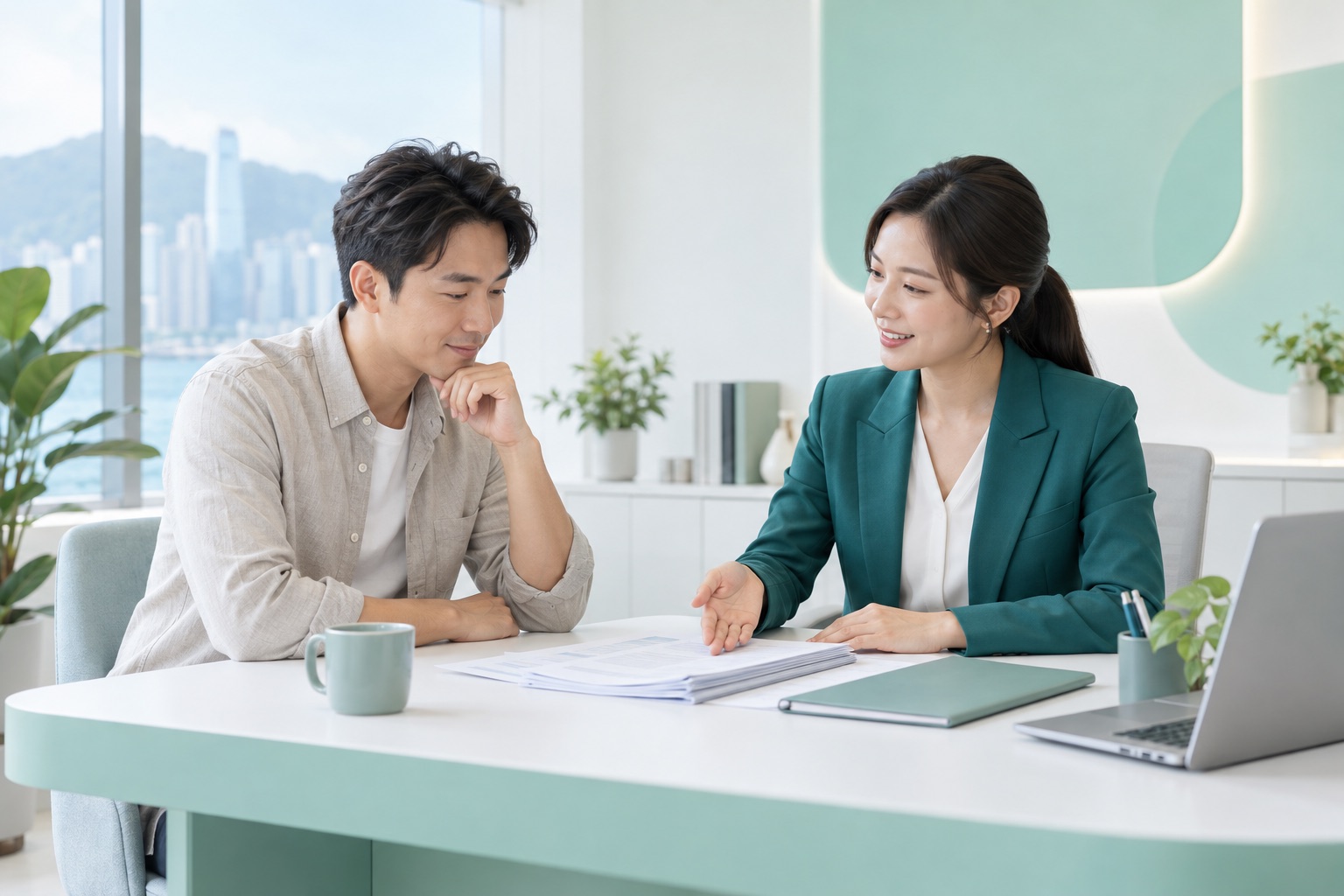 客戶與顧問在明亮的諮詢空間整理債務文件，形象示意