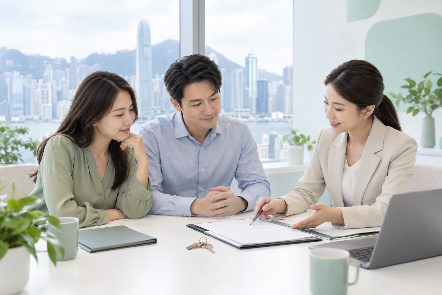 客戶與顧問查看物業文件及鎖匙，背景為香港城市景觀，形象示意